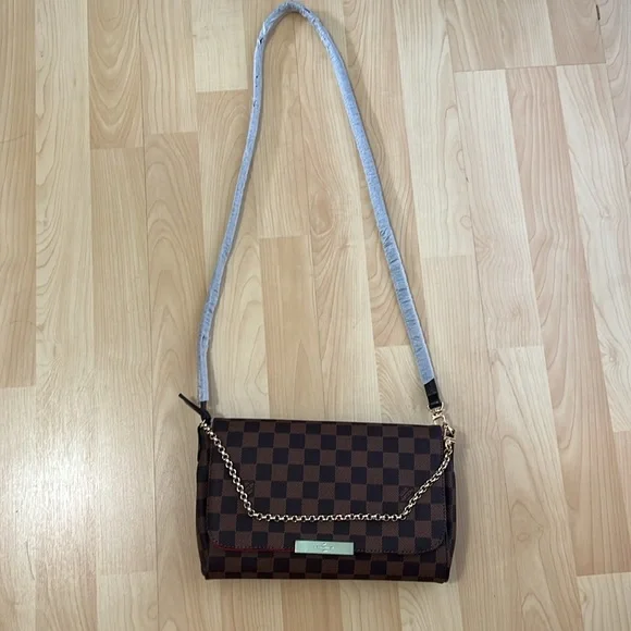 New Brown Checkered Shoulder Crossbody Bag Purse with Gold Chain - Picture 3 of 10